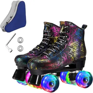 Roller Skates for Men and Women, Black Derby Roller Skates with 4 Shiny Wheel, Classic Double-Row Roller Skates for Indoor and Outdoor