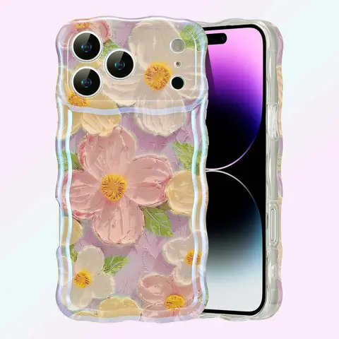 Floral Retro Oil Painting Smartphone Case with Cute Curly Wave Frame, Diamond Accents, Handheld Protection for iPhone 11,12,13,14,15,16,17 Series Pro Max, Plus Cellphone Models, Wireless