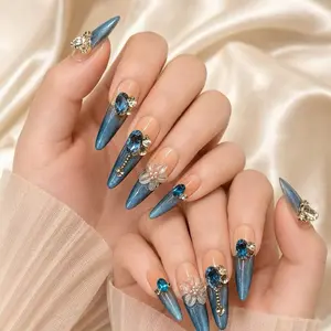 "Luxury Blue Ombre Stiletto Nails, 3D Crystal & Flower Decoration, Press-On Fake Nails Kit, DIY Gel Nails, Reusable Acrylic Nail Tips, Perfect for Party, Wedding, Fashion Manicure, Quick & Easy At-Home Nail Art, Stylish Trendy Nail Accessories"