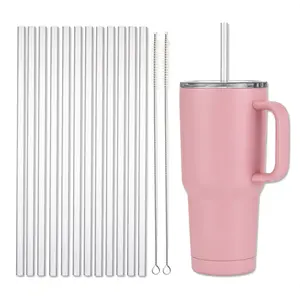 12 Pack Reusable Replacement Straws for Stanley 40 oz 30 oz Tumbler with Handle,Plastic Drinking Straws with 2 Cleaning Brush for Stanley Accessories, Plastic, Clear