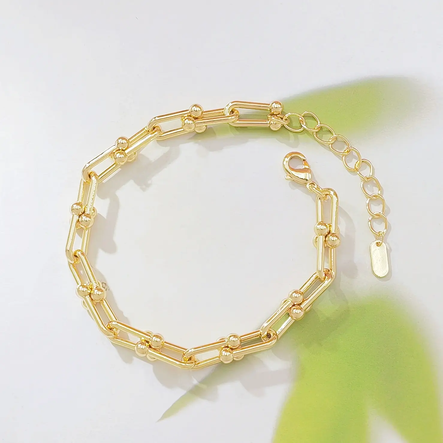 14K Gold Plated Paperclip Chain Bracelet for Women, Dainty U-Link Chain Bracelet with Ball Accents, Adjustable Stackable Link Bracelet, Tarnish Resistant Waterproof Everyday Jewelry Gift