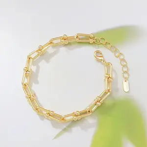 14K Gold Plated Paperclip Chain Bracelet for Women, Dainty U-Link Chain Bracelet with Ball Accents, Adjustable Stackable Link Bracelet, Tarnish Resistant Waterproof Everyday Jewelry Gift