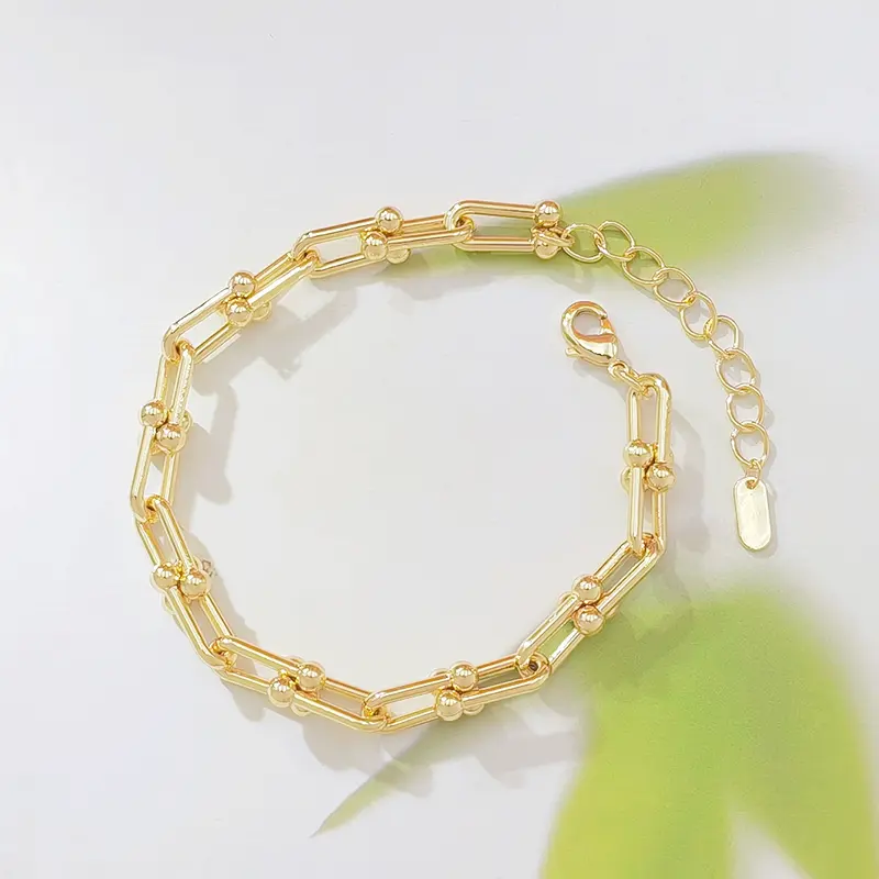 Women's 14K Gold-Plated U-Link Paperclip Chain Bracelet with Ball Accents - Adjustable, Waterproof, Tarnish-Resistant Stackable Jewelry for Women, Gold Link Bracelets & Bangles Gift