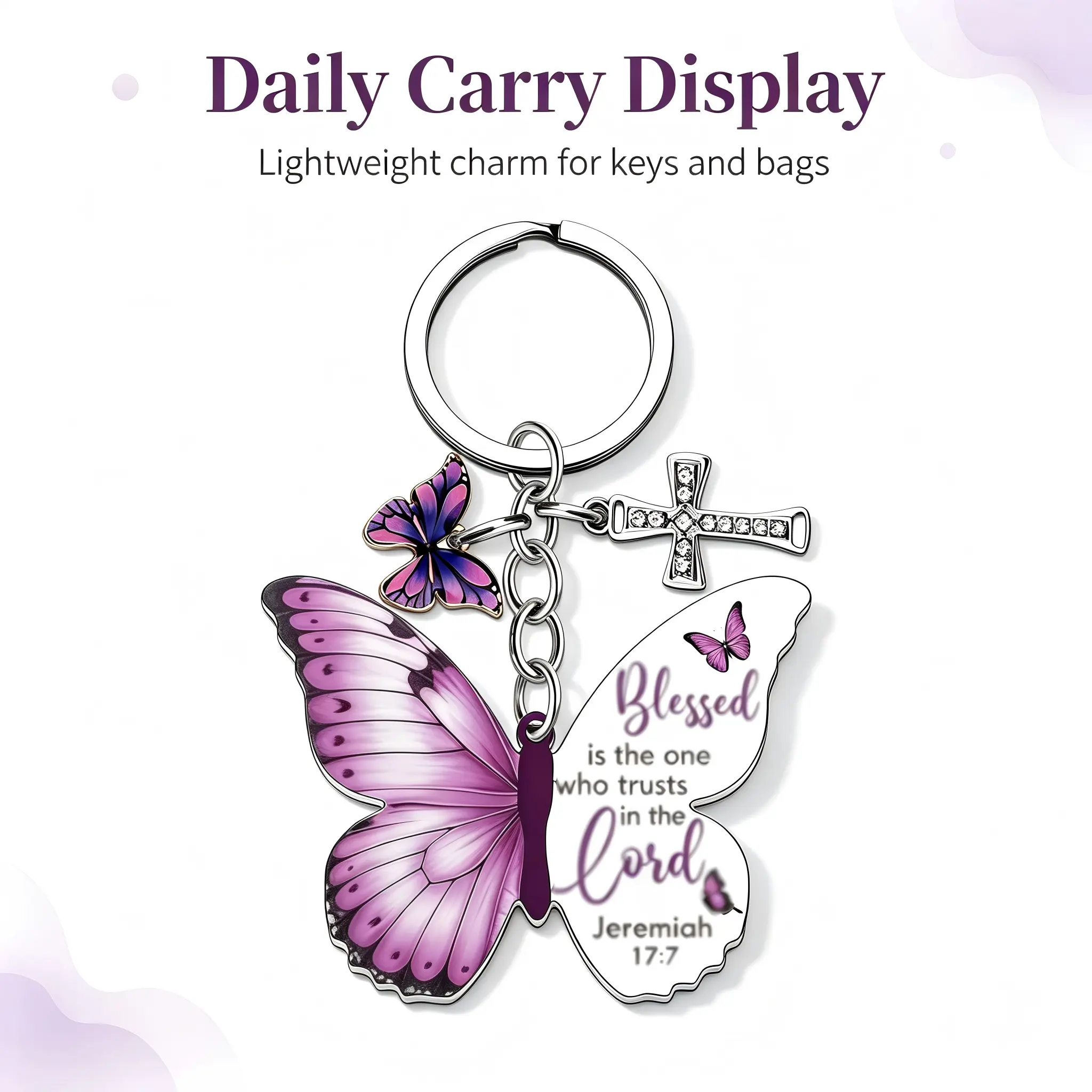Purple Butterfly Faith Keychain, Jeremiah 17:7 Blessed Scripture Key Ring with Rhinestone Cross Charm, Inspirational Religious Christian Gift for Women Friends