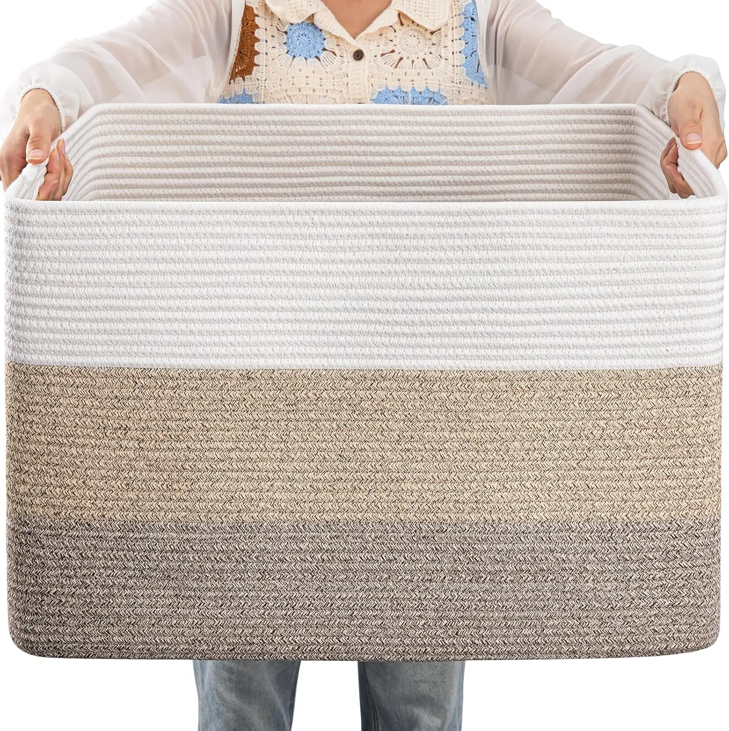 Large Blanket Basket For Living Room, Rectangle Woven Baskets for Storage, Nursery Toy Storage With Handle-21”x16”x12”-Gradient Dark Brown Mother's Day gift