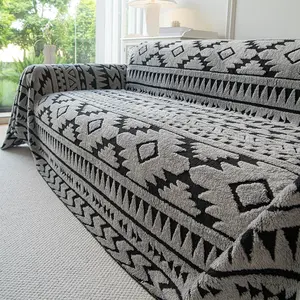 1pc Sofa Cover Boho Style Plush Sofa Blanket, Geometric Patterns, Reusable Winter Decor, Ideal for One to Four Seater Sofas, Couch Cover