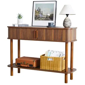 Giratree Fully Assembled Fluted Console Table, Entryway Table with Tambour Sliding Door & Storage Shelf, 2-Tier Sofa Table Behind Couch Hallway Accent Table in Living Room, Entrance, Foyer