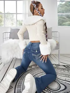 Women's High-Waisted Flare Jeans, Geometric Embroidery & Rivet Details, Four-Pocket Design, Fashion Trendy Focus