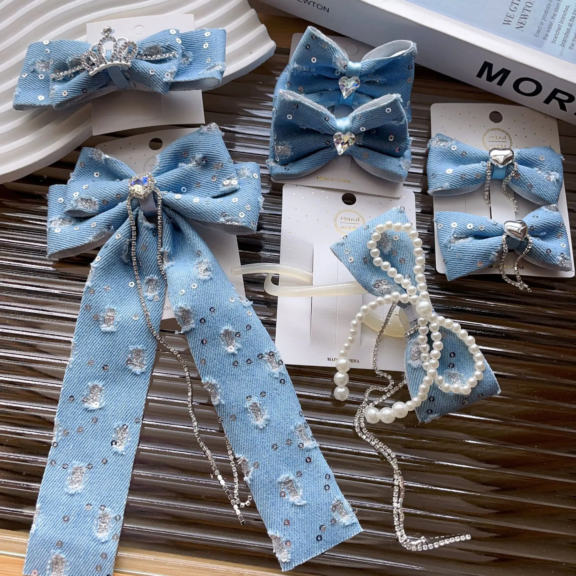 Edgy Denim Bow Shape Hair Accessories Set - Unisex Collection with Multiple Clips, Large Pins & Fringed Pearl Streamer, Unisex Wear