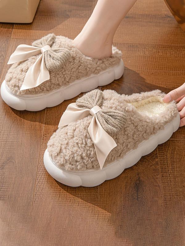 Women's Bow Slipper Shoes, House Slippers, Comfortable Warm Lining, Non-Slip Thick Sole Design, Suitable for Fall & Winter Indoor Home Office Use