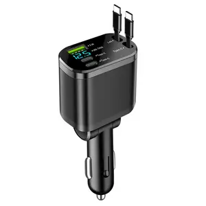 5 in 1 Rapid Car Charger PD Fast Charging Dual Type C Retractable Cable Foldable Car Power Adapter 2 PD Ports and USB Interface Super Fast Charging for iPhone Samsung Android Power Bank Car Accessories Road Trip Essentials Tech Gadgets Portable Travel