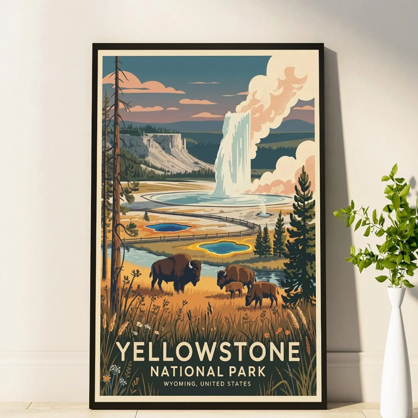 Home & Living, Home Decor, Wall Decor HeyEtsy.com  Yellowstone National Park Vintage Style Travel Poster, Wyoming Bison Art Print, Home Decor