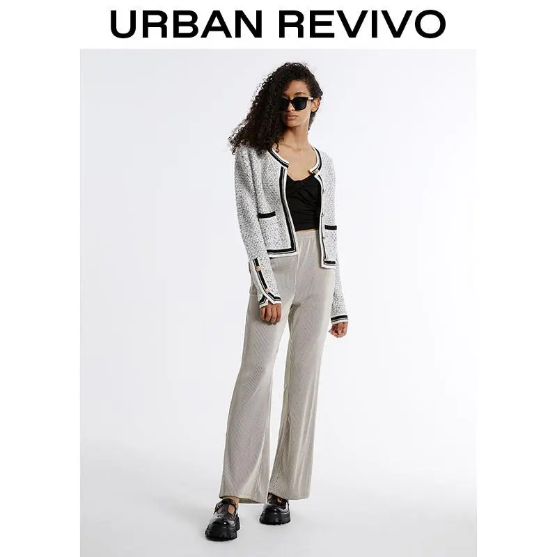URBAN REVIVO Women's Casual Cardigan Sweaters Open Front Button Down Long Sleeve Cropped Trendy Tweed Jacket Outwear  WG37R9DE200