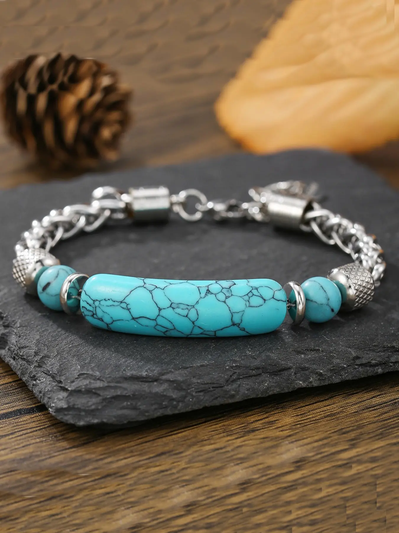 Vintage Turquoise Bracelet, Stainless Steel Chain Link, Titanium Steel Men's Wristband, Non-Fading, Durable Jewelry Accessory, High Quality Bracelet