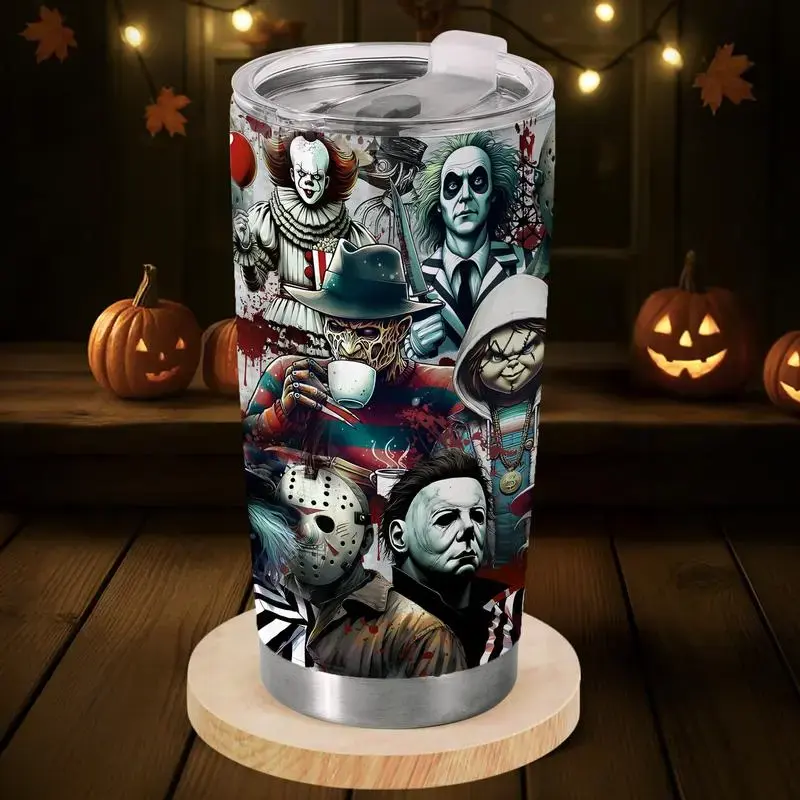 20oz Portable Stainless Steel Vacuum Flask Mug - Thermal Insulated Drinkware, Funny Horror Movie Slasher Legends Design, Lid Included, Unique Halloween Gift for Men/Women, Travel Coffee Cup