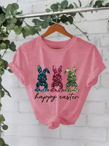 Women's Colorful Sequined Heart Rabbit Print Short Sleeve T-Shirt, Casual Fitted Round Neck, Comfortable Breathable Spring Summer Top