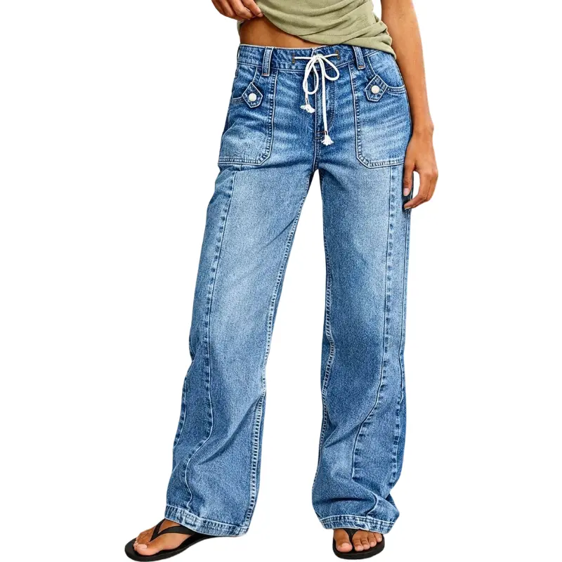 Flamingals Wash Seam Front Drawstring Mid Rise Straight Leg Jeans Stretchy 31.1'' Inseam