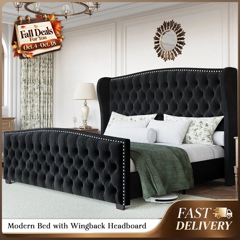 AMERLIFE Modern Bed Frame with Wingback Headboard, Upholstered Bed Frame with Handmade Button Tufted & Nailhead, Wooden Slats Support/Luxury Bedroom Furniture/Queen/King/California King Size/Christmas Gifts[TikTokShopFallDealsForYou]