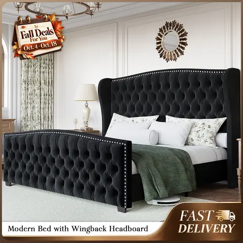 AMERLIFE Modern Bed Frame with Wingback Headboard, Upholstered Bed Frame with Handmade Button Tufted & Nailhead, Wooden Slats Support/Luxury Bedroom Furniture/Queen/King/California King Size/Christmas Gifts[TikTokShopFallDealsForYou]