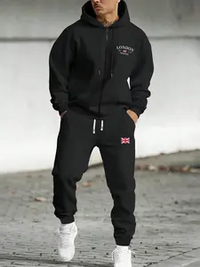 Men's Hooded Zipper Sweatshirt Set, London England Print & Uk Flag Design, Casual Style for Daily Wear, British Fashion Look