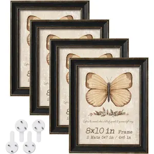 Black 8x10 Picture Frame Set of 4, Rustic Distressed Photo Frames with Mat for 5x7 or 4x6,  8 x 10 Farmhouse Frame with Tempered Glass, Wall Hanging or Tabletop Display, Home Decor, 4 Pack