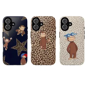 Cute Monkey Tough Phone Case, Fun Cartoon Design with Leopard Print Background, gift for fans, curious georgee protective cover