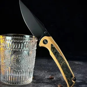 14C28N High Hardness Folding Knife – 3.6" Blade, Gold Aluminium & Carbon Fiber Inlay Handle, Fast Deployment, Liner Lock for Safety, Ideal for EDC, Camping, and Survival, Lightweight & Durable