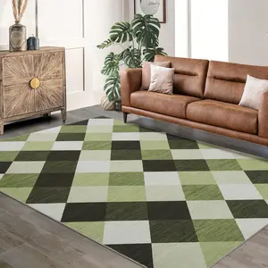 GARVEE Machine Washable Plaid Checkered Design Non-Slip Rubberback Runner Rug Modern Abstract Geometric Print Carpet Traditional Area Rug for Hallway,Kitchen,Bedroom,Living Room,3x5,Green and White