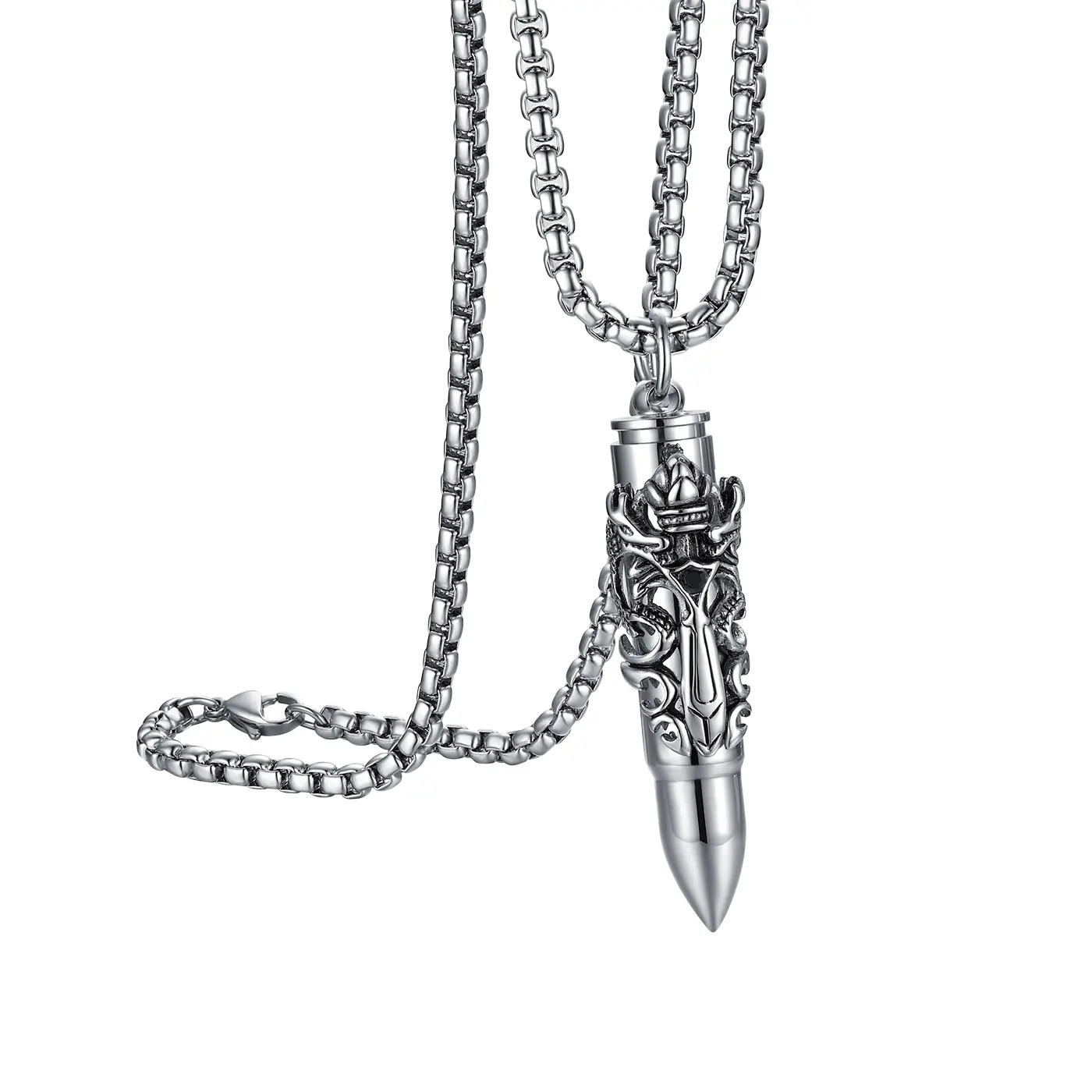 OIDEA Men's Openable Double Dragon Bullet-Shape Pendant Chain Jewelry Necklace, Silver-Tone Stainless Steel, 2.28" Charm, 22.04" Chain, Chain Jewelry Necklaces