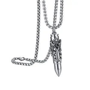 OIDEA Openable Double Dragon Bullet Pendant Necklace for Men, Silver Tone Stainless Steel, 2.28" Charm with 22.04" Chain