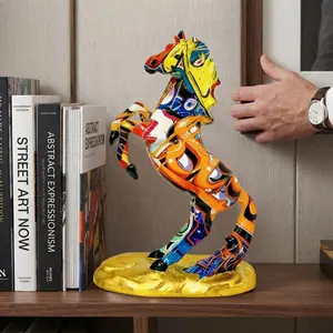 Rainbow Horse Resin Figurine, Handmade Graffiti Horse Sculpture,Modern Desk Shelf Decor, Golden Base Horse Statue, Good Luck Horse Gift