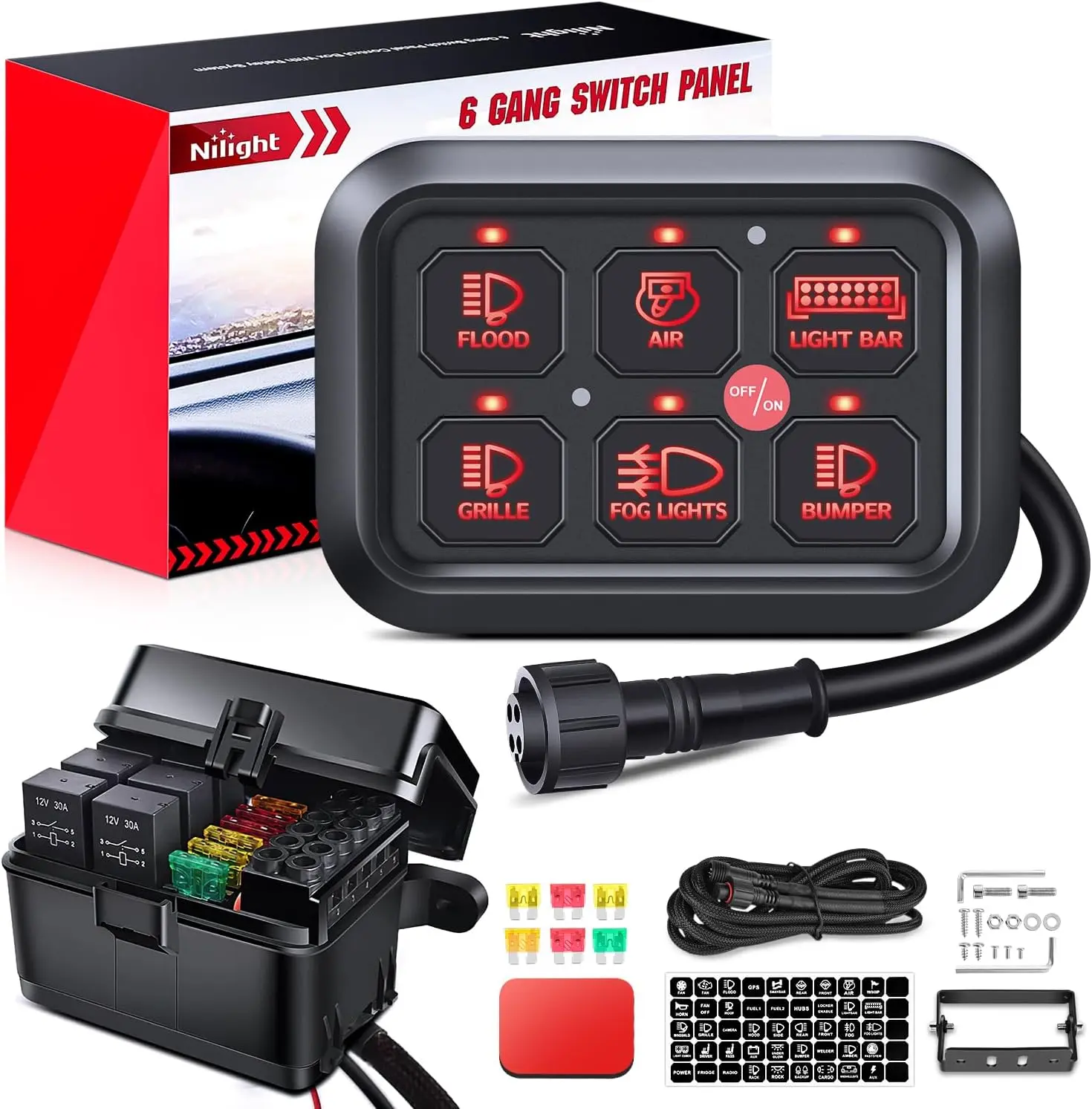 Nilight 6-Gang Compact 12VDC Car Electrical Switch Panel - Universal Fit Circuit Control Relay System, Fuse Wiring Harness, Plug-N-Play Auto-Dimmable ON-Off LED Pod with Strobe Light Module for Cars, Trucks (Center Console Mounting)