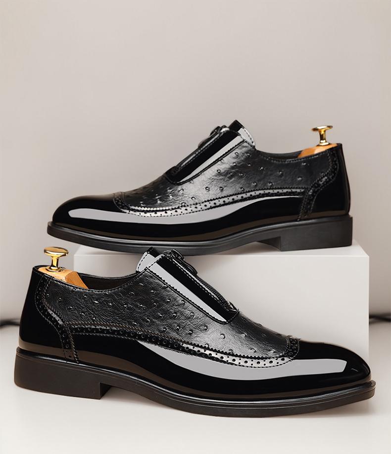 Men's Ostrich-Embossed Zipper Loafers, Brogue Formal Dress Shoes58096