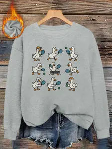 Fun Goose Pickleball Print Faux Sweater, Long Sleeve Round Neck Pullover, Soft Elastic Fabric, Casual Fall & Winter Top for Women