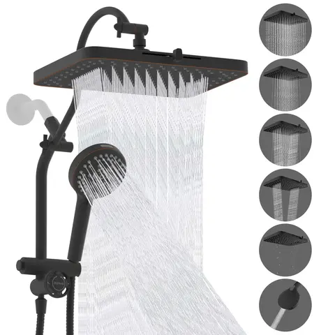 Hibbent Upgraded 13 In Shower Heads Set - High-Pressure Shower Water Equipment with 5-Mode Rainfall Fixed Head, 10-Mode Power Spray Handheld, All-Metal Brass 4-Way Diverter with Pause, 71-in Hose, Matte Black Wall Mount Holder