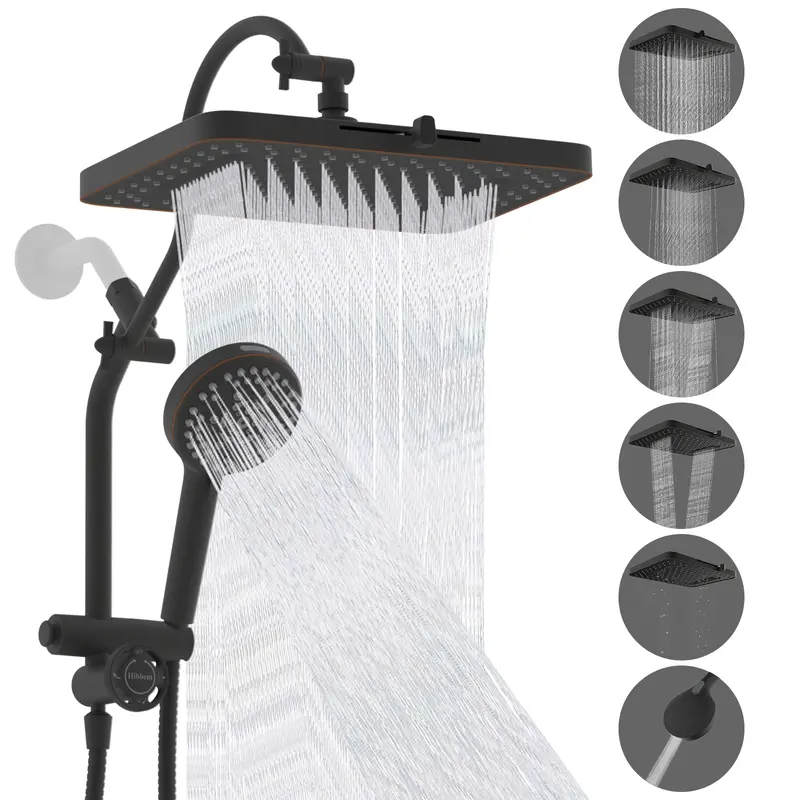 Hibbent Upgraded 13 In Shower Heads Set - High-Pressure Shower Water Equipment with 5-Mode Rainfall Fixed Head, 10-Mode Power Spray Handheld, All-Metal Brass 4-Way Diverter with Pause, 71-in Hose, Matte Black Wall Mount Holder