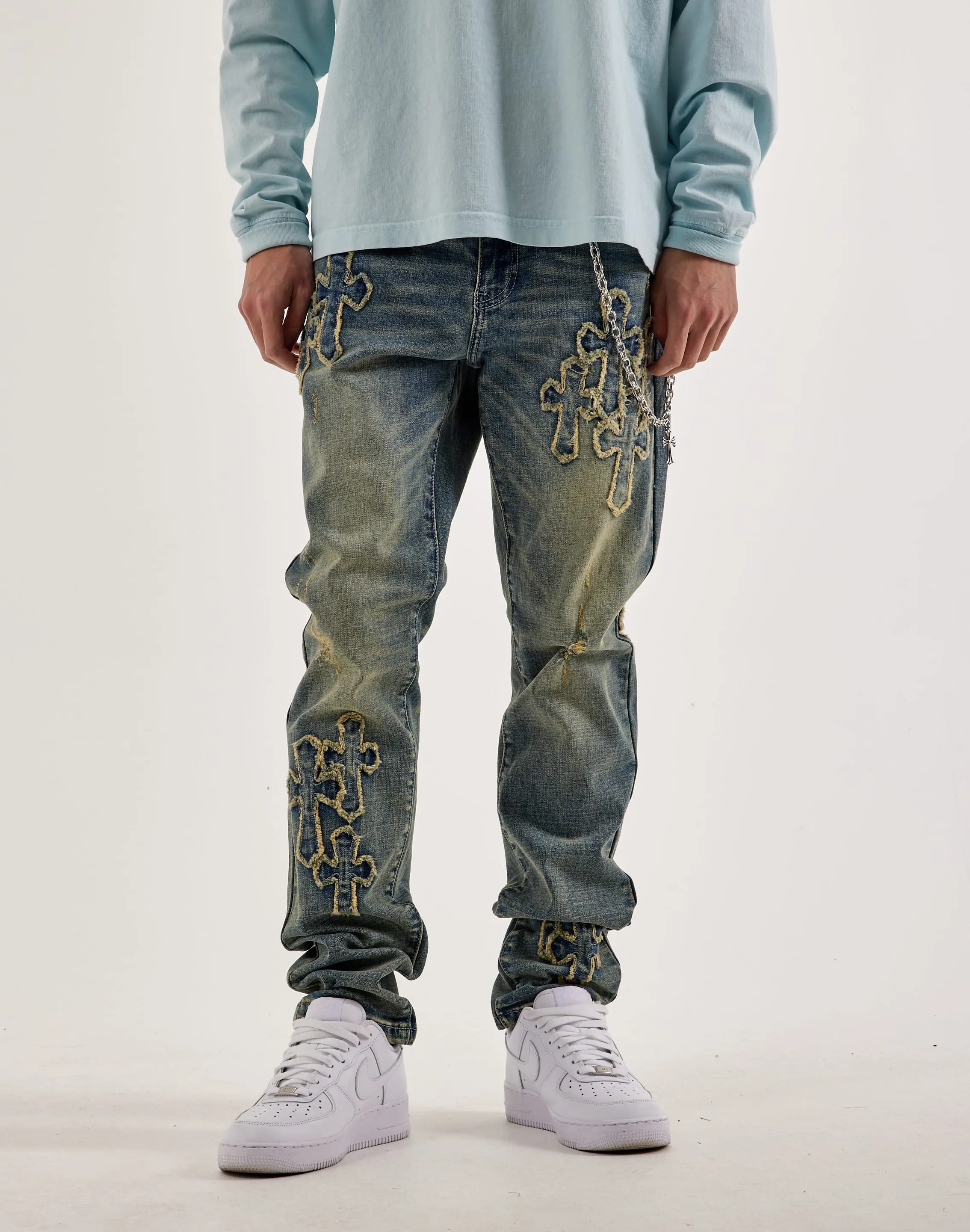 Mens Kilogram Slim Chain Cross Patch Denim Jeans