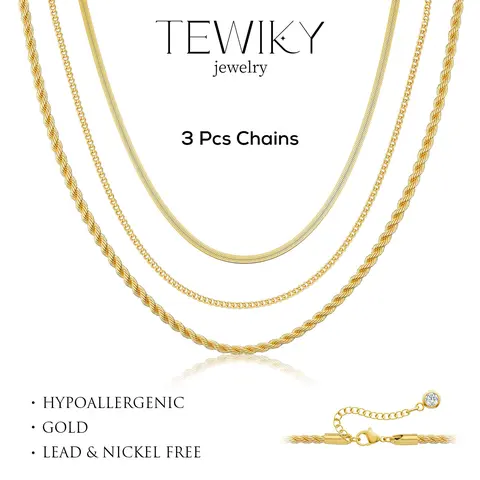 TEWIKY Women's 3-Piece Minimalist Modern Feminine Multi-Part Assorted Necklaces - Herringbone Necklace, Basic Dainty Snake Choker, Adjustable Extender, Everyday Wear Jewelry, Chain & Link, Layered Look, Black Friday Costume Jewelry Gift