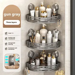 3-Pack Gun Gray ABS Triangular Suction Cup Shower Caddy 3-Tier Corner Shelves No Drilling Bathroom Organizer 40lbs Load Capacity Towels Hook Toiletries Storage Rack with 6 Towel Bar Hooks