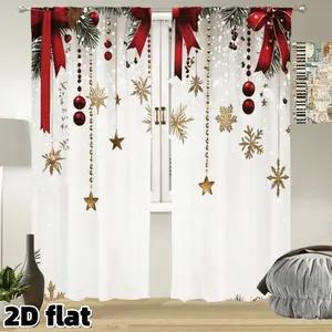 2D Flat 2Pcs Christmas Holiday Curtains Red Bow Gold Stars Snowflakes Pattern Rod Pocket Design Semi Sheer White Polyester Fabric Window Treatment Panel for Living Room Bedroom Kitchen Home Decor Festival Decoration Window Decorations Supplies