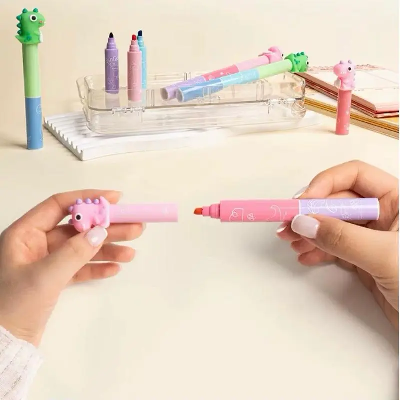 Kawaii Mini Dinosaur Highlighter 6-Pack Creative DIY Watercolor Pens Oblique Brush Graffiti Marker for Bible Study Journaling Note-taking Aesthetic No Bleed Performance