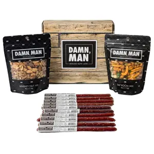 Damn Man Gourmet Beef & Nuts Mixes Snack Box – High Protein Gift Meat with Spicy Mild & Black Pepper Beef Sticks & Whiskey Taproom Nut Mixes