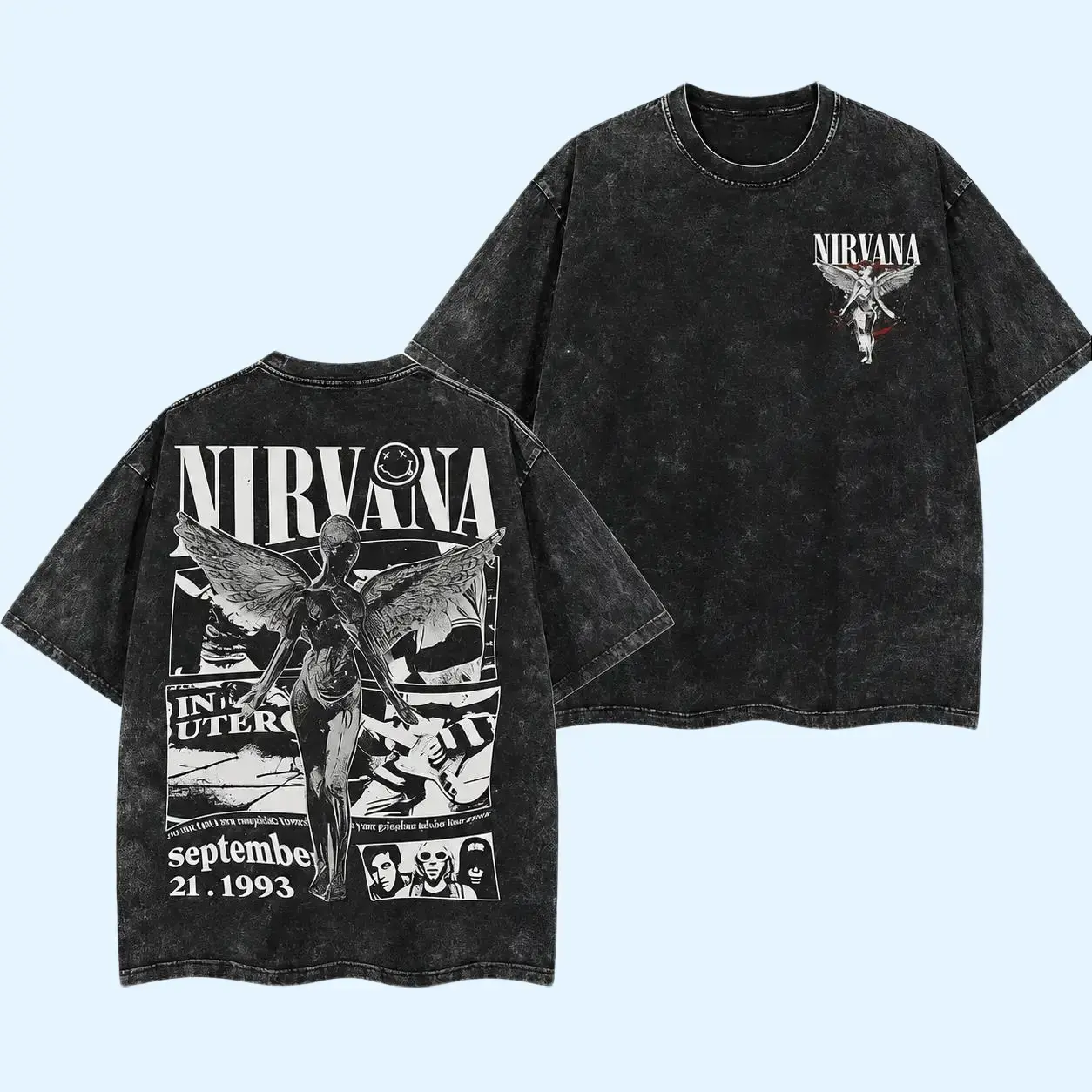 Retro Limited Nirvana Band Tour Black 2-Sided Vintage Tee Graphic Unisex Oversize Rock Band Washed Heavyweight Cotton T-shirt Gift For Rock Music Lovers Vintage Band Shirts Casual Fabric Fit Top Womenswear Streetwear Crewneck Original
