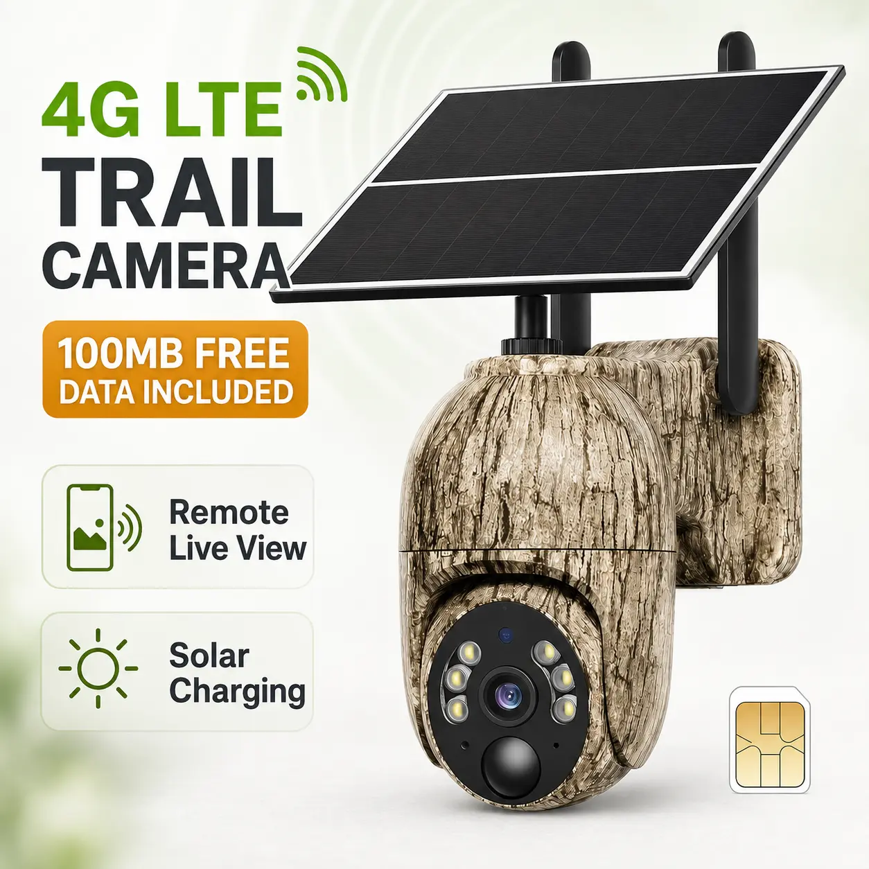 4G LTE Cellular Trail Camera with SIM Card, 100MB Free Data and Solar Panel, Remote App Live View, 0.2s PIR Motion Trigger, Night Vision, 355° Pan 100° Tilt, Outdoor Wildlife Camera