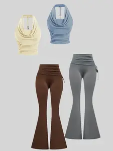 Summer Sexy Backless Metal Chain Buckle Halter Top, Slim-Fitting Casual Pure Color Foldover Drawstring Belted Comfort Leg Shaping Bell Bottoms Womenswear Set