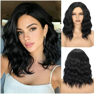 Women 14 Inch Short Curly Bob Wig Middle Part Synthetic Fiber Wigs Black Hair Wigs for Daily Party