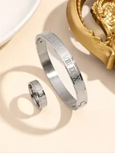Unique Stainless Steel Roman Numeral Adjustable Ring and Bracelet Set, Stylish Jewelry Gift, 2-Piece Matching Accessory Set for Men and Women