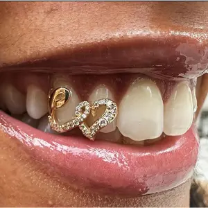 1/2/5Pcs Punk Copper Double Heart Teeth Caps for Women Men Hip Hop Zircon Hollow Love Tooth Grillz Couple Jewelry Accessories Oral