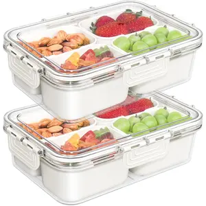 Small Snackle Box Container, Divided Serving Tray with Lid, 4 Compartment Snack Box Container for Candy, Fruits, Charcuterie, Travel & Parties, BPA-Free, 2 Pack