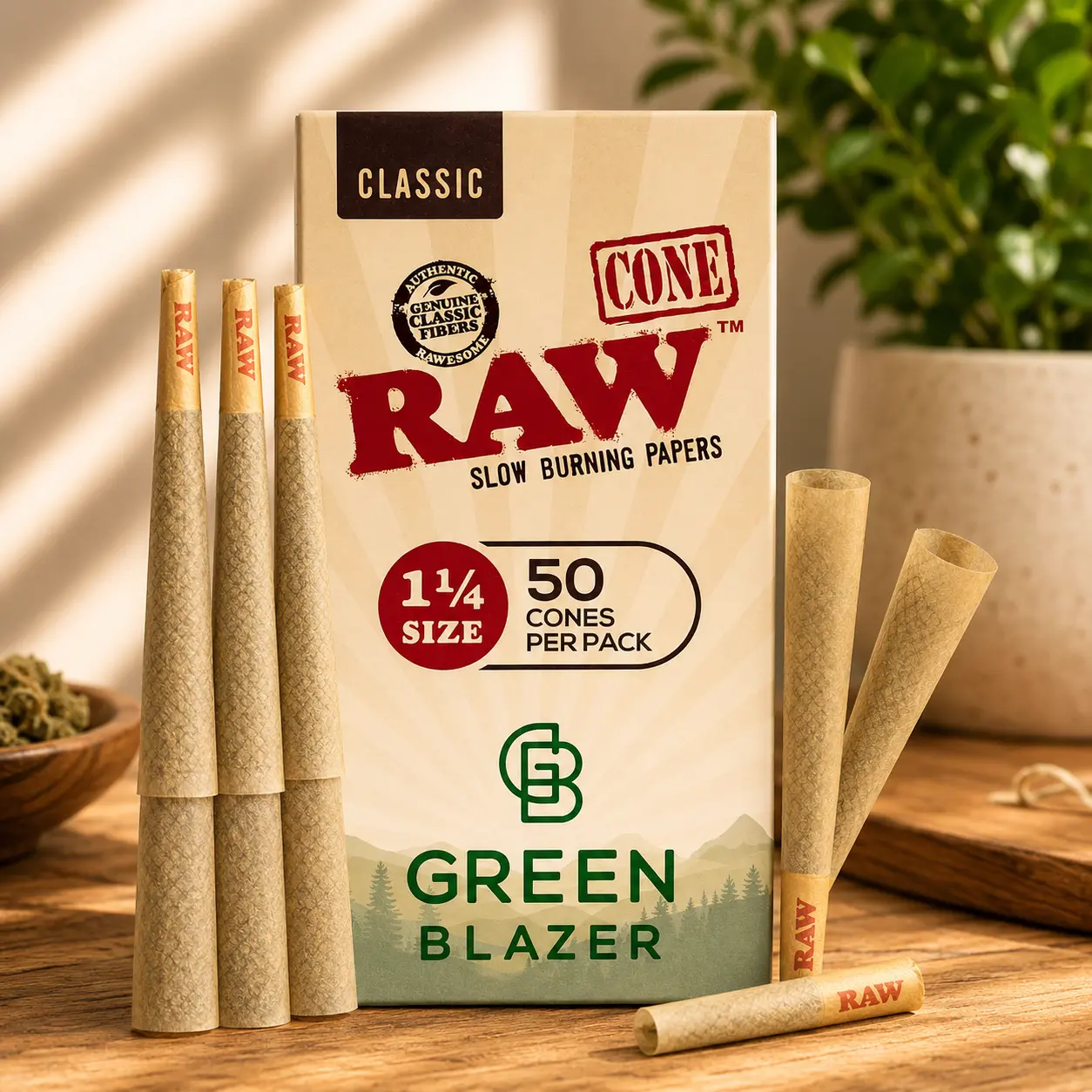 Cones 1 1/4 Size: 50 Pack Patented Slow Burning Pre Rolled Rolling Papers & Tips, Classic Raw Paper, 84mm